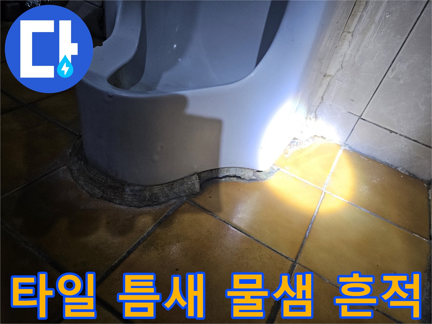 누수가 진행 중인-화장실 천장 타일의 젖은 모습