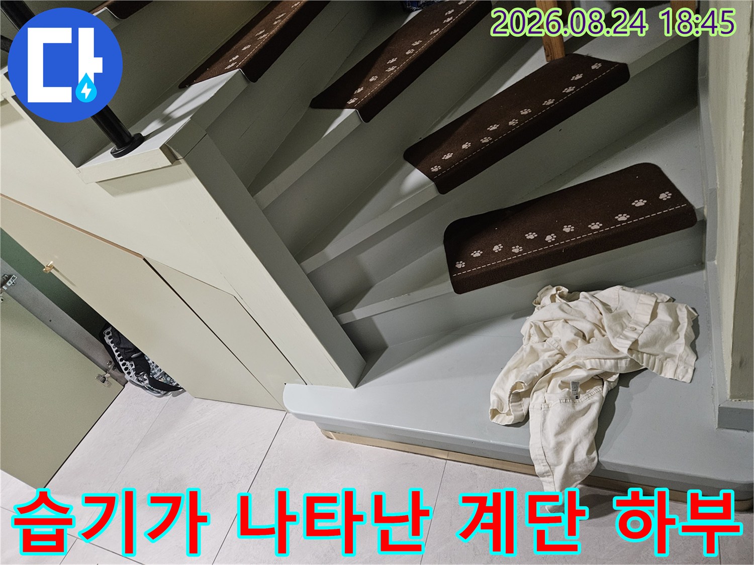 계단 구조물 하단-물이 스며든 마감 부위