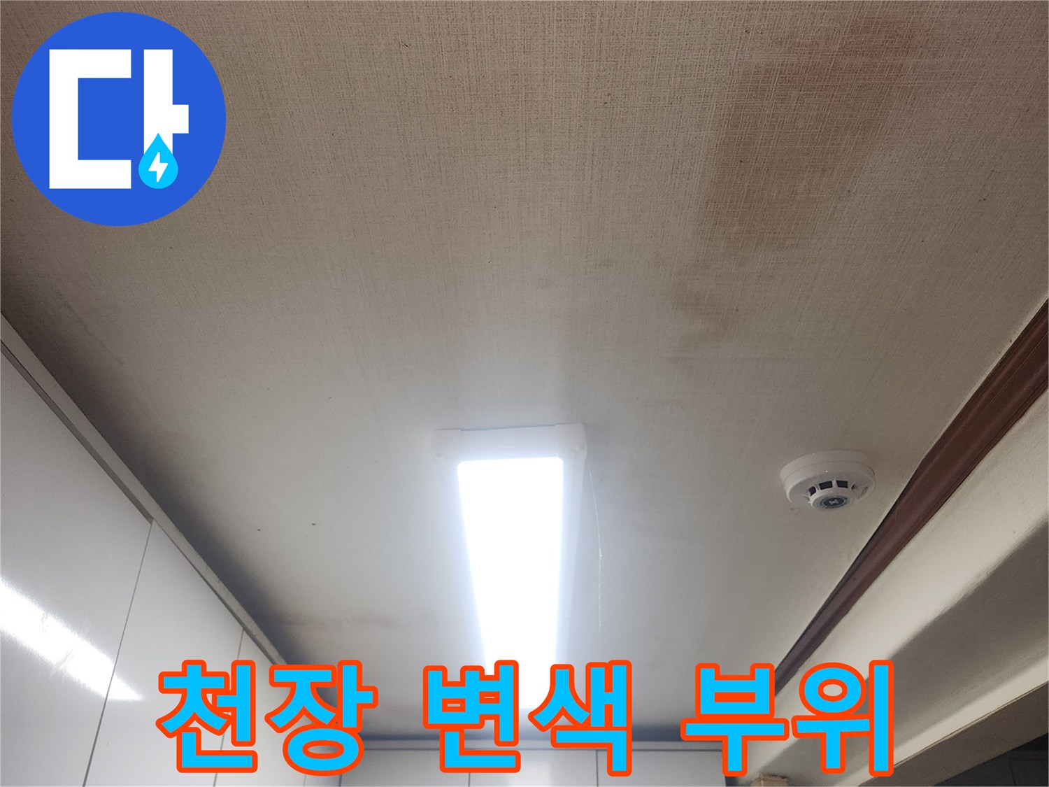 천장 마감재 주변의 젖은 얼룩 - 누수 피해가 의심되는 벽면 상태