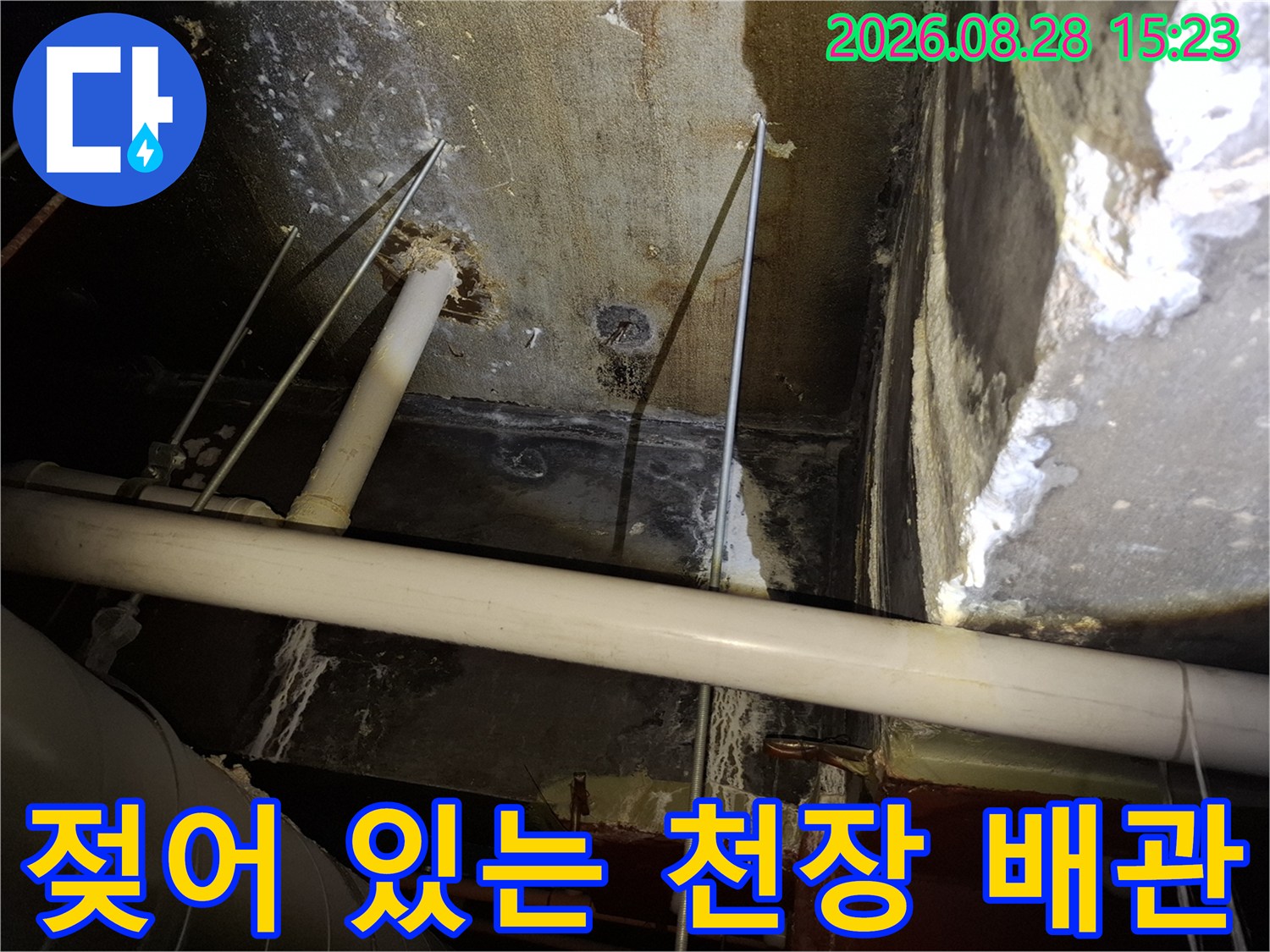 천장 내부의 젖은 배관 및 마감재 모습