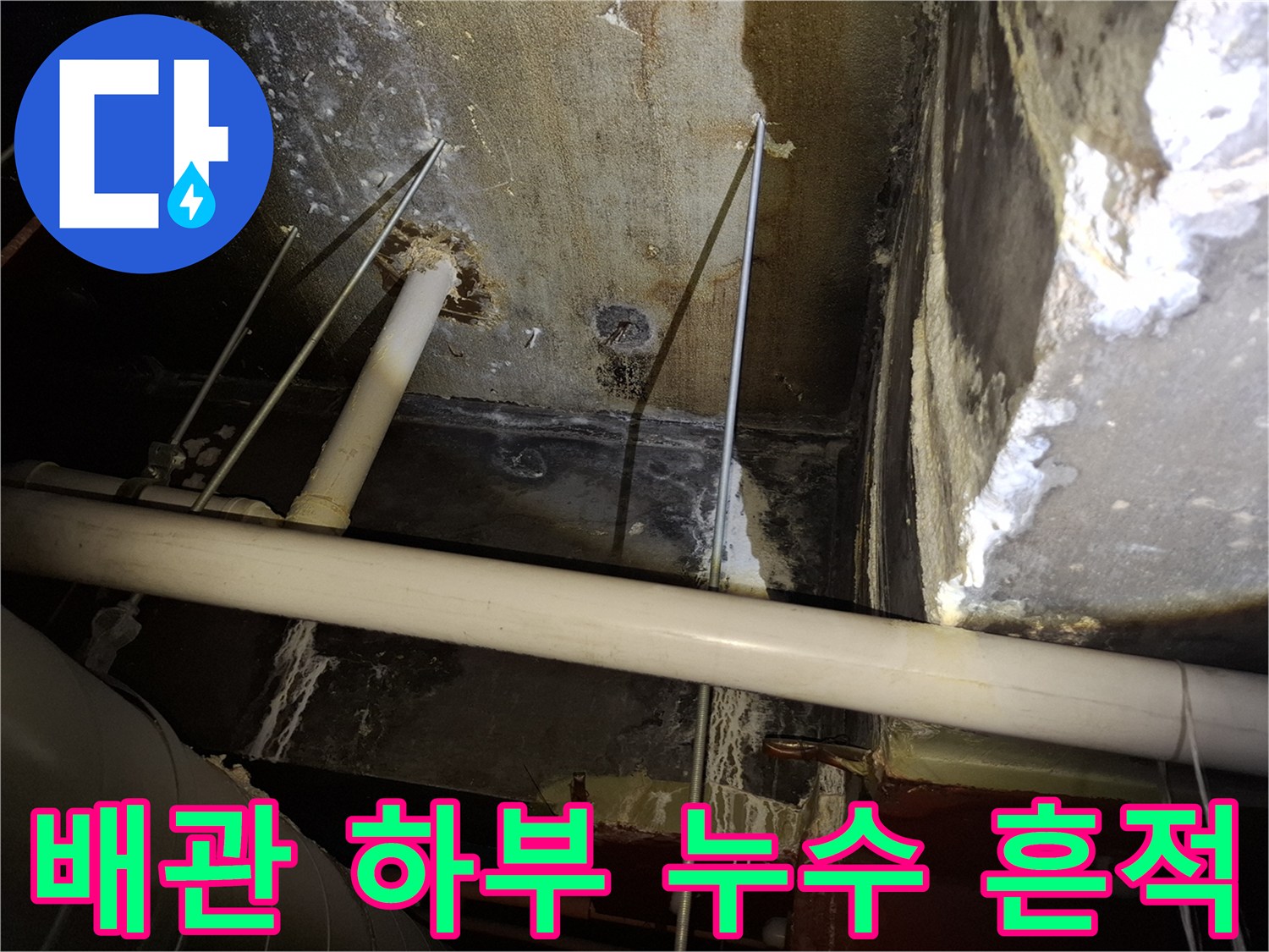 천장 배관 및 기둥 주변의 물샘 자국 확인