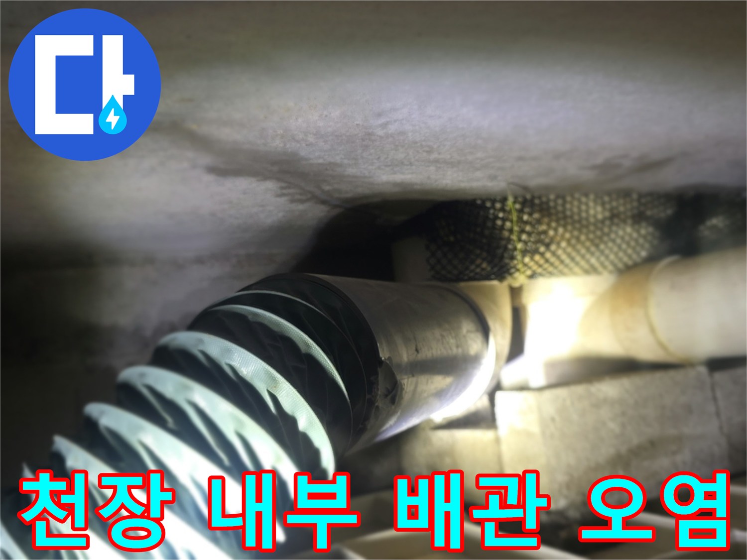 배관 주변의 젖은 흔적과 오염된 천장 구조물