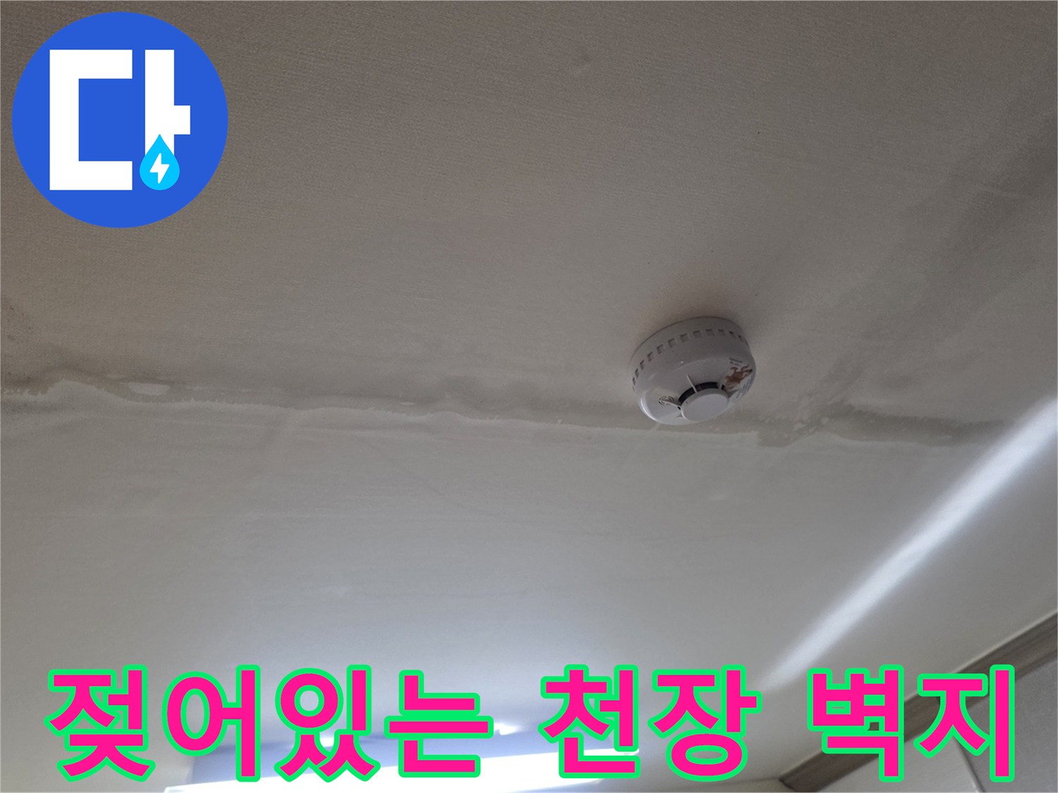 천장 마감재를 따라 길게 발생한 누수 흔적과 습기