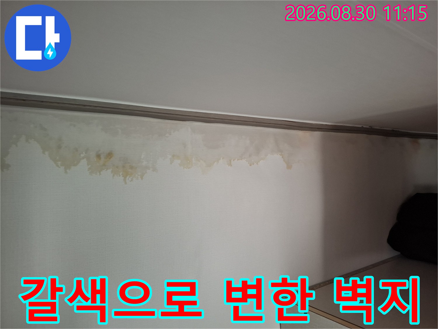 벽면 상부-누수로 인해 갈색으로 변색된 벽지 표면
