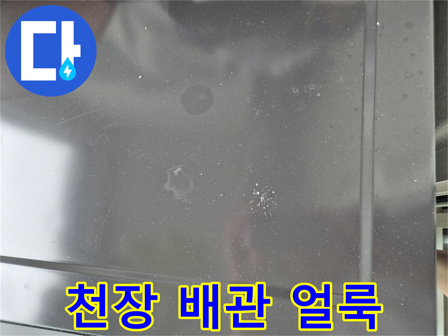 세탁실 천장에 나타난-물샘 흔적과 변색 부위