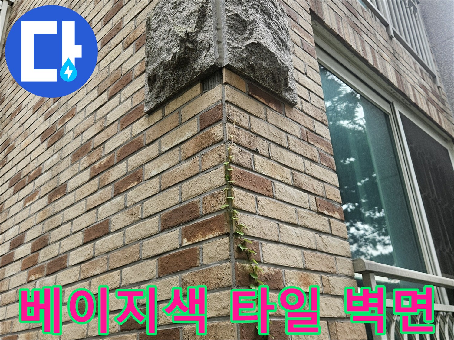 베이지색 패턴의 외벽 타일과 알루미늄 창틀 구조물