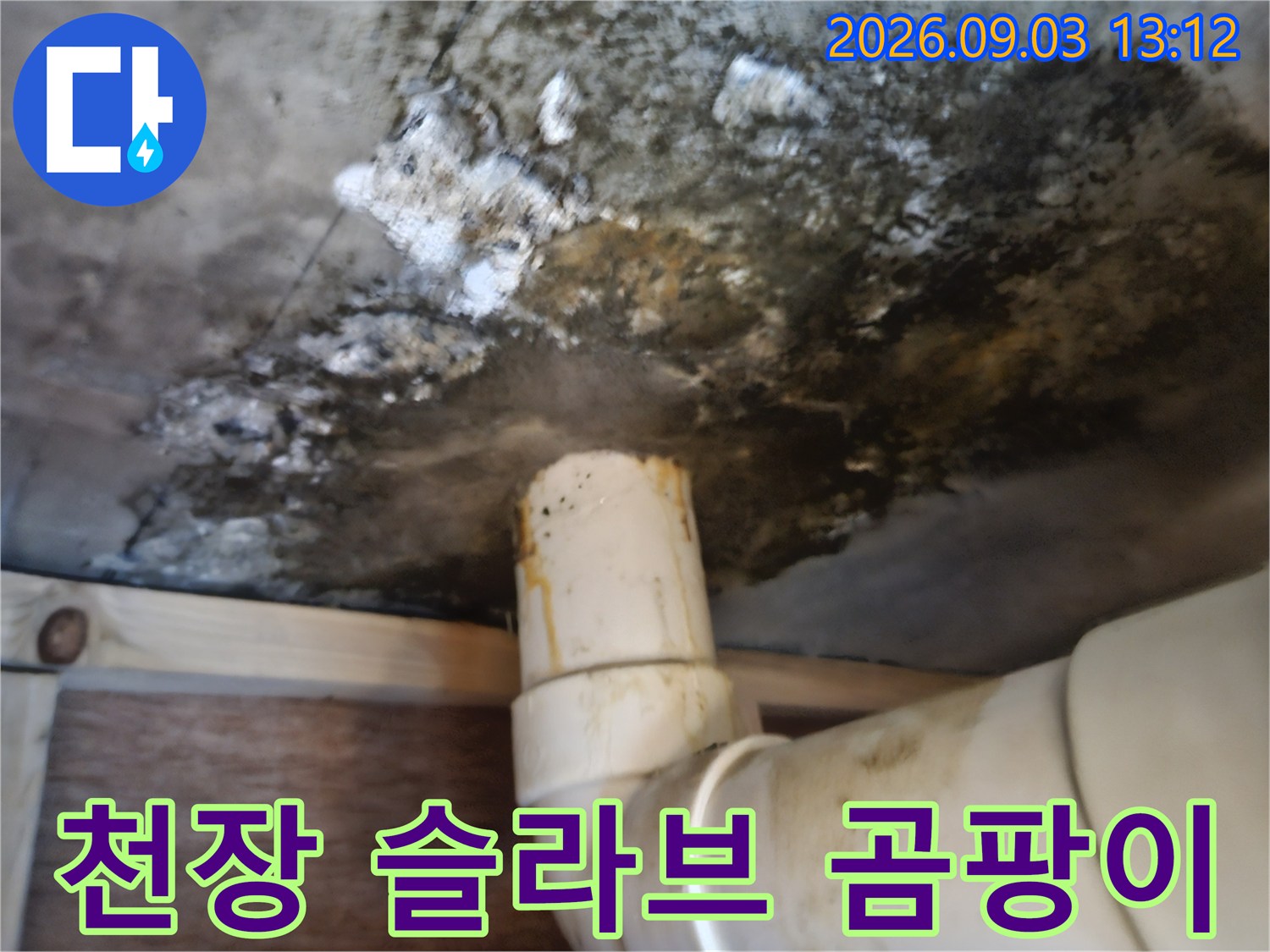 심하게 오염된 천장 슬라브와 배수 파이프 연결 부위