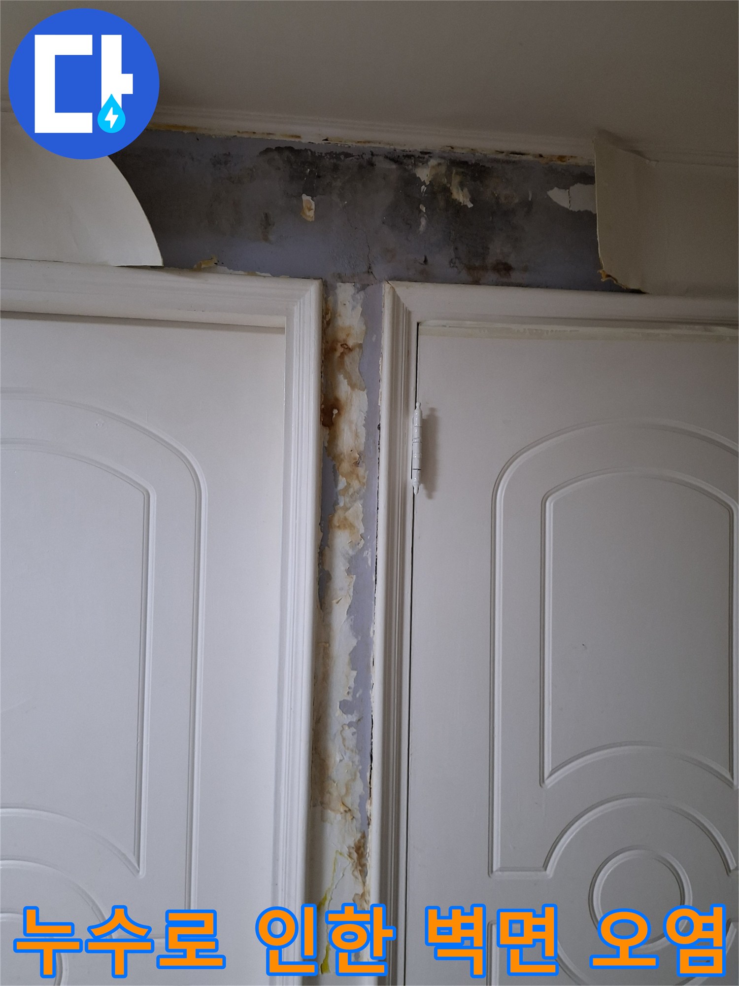 문틀 상단 부위-누수 침투로 인한 곰팡이 및 변색