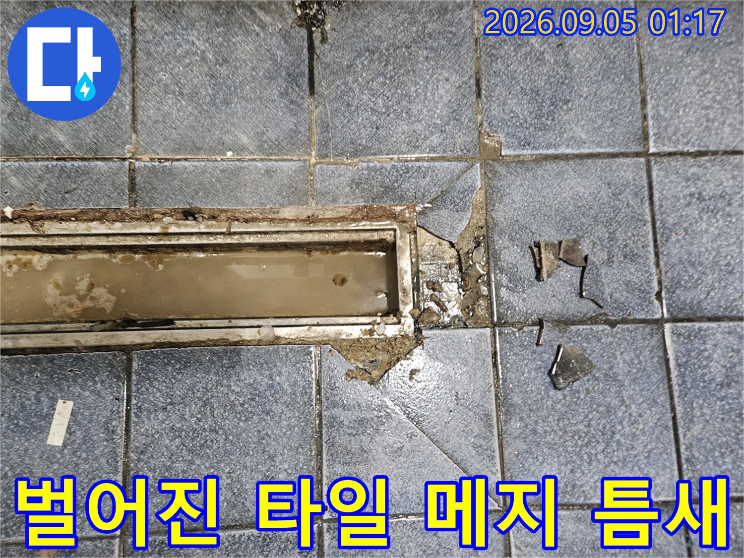 배수구 유가 주변의 벌어진 타일 줄눈과 파손된 부위