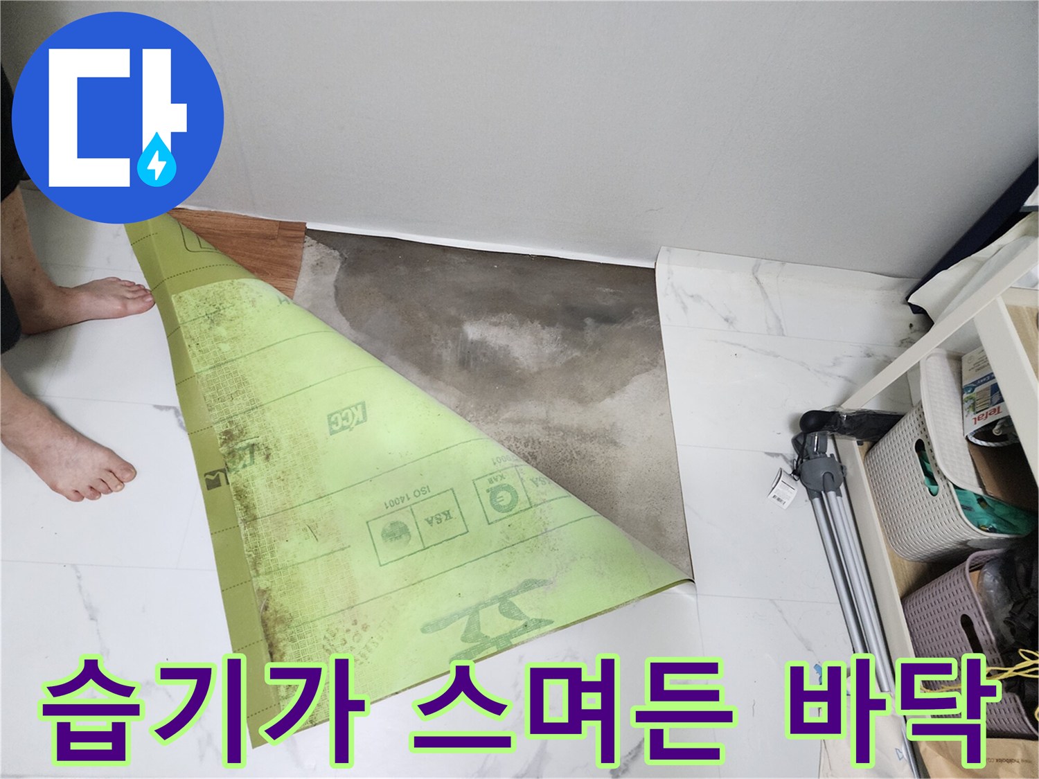 연천 전곡 현장-물이 스며들어 젖은 타일 표면