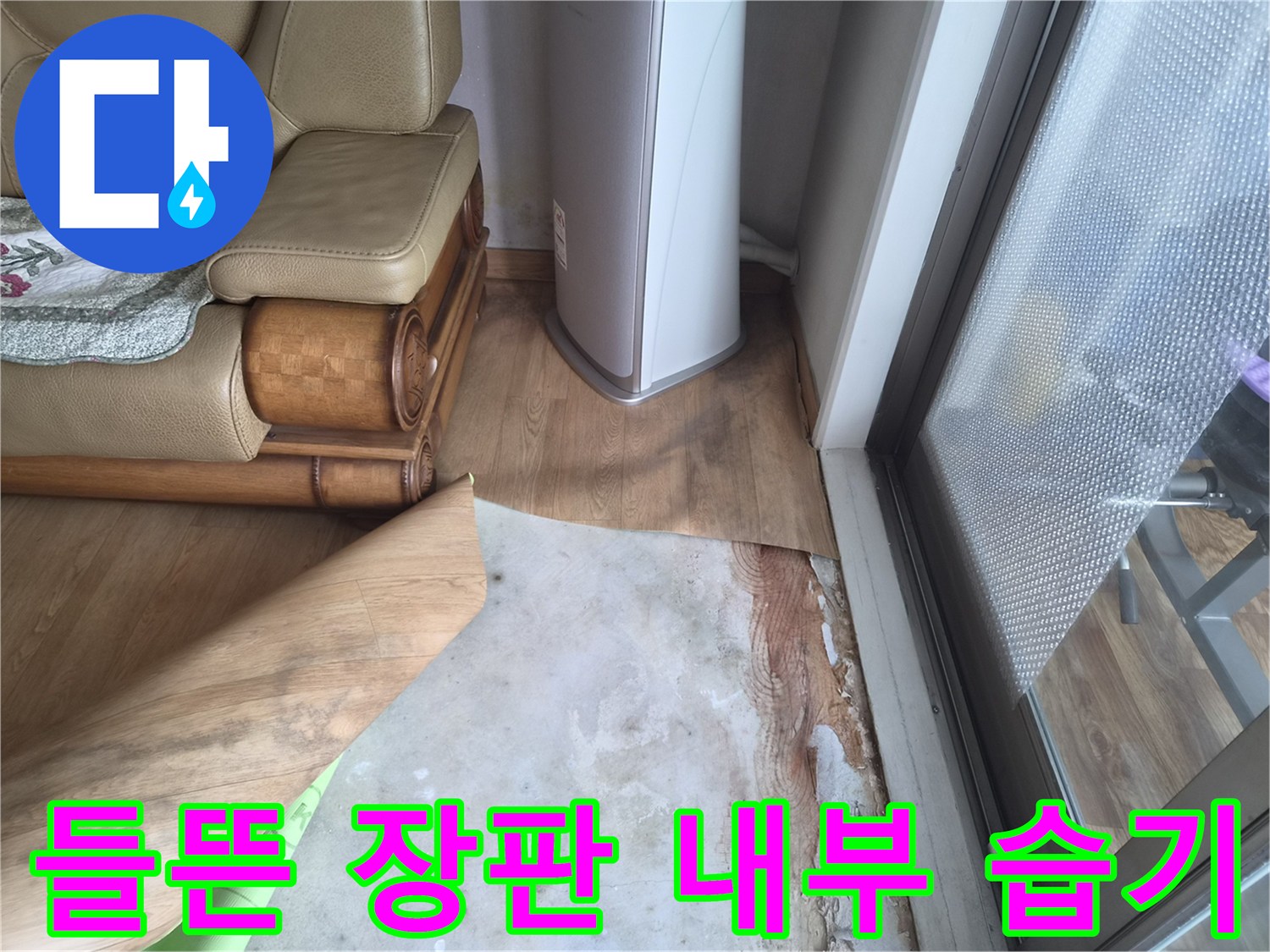 장판 아래로 물기가 스며든 바닥 현장 사진