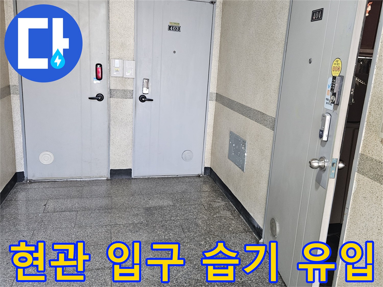 현관 대리석 하단부의 침수 및 변색 부위