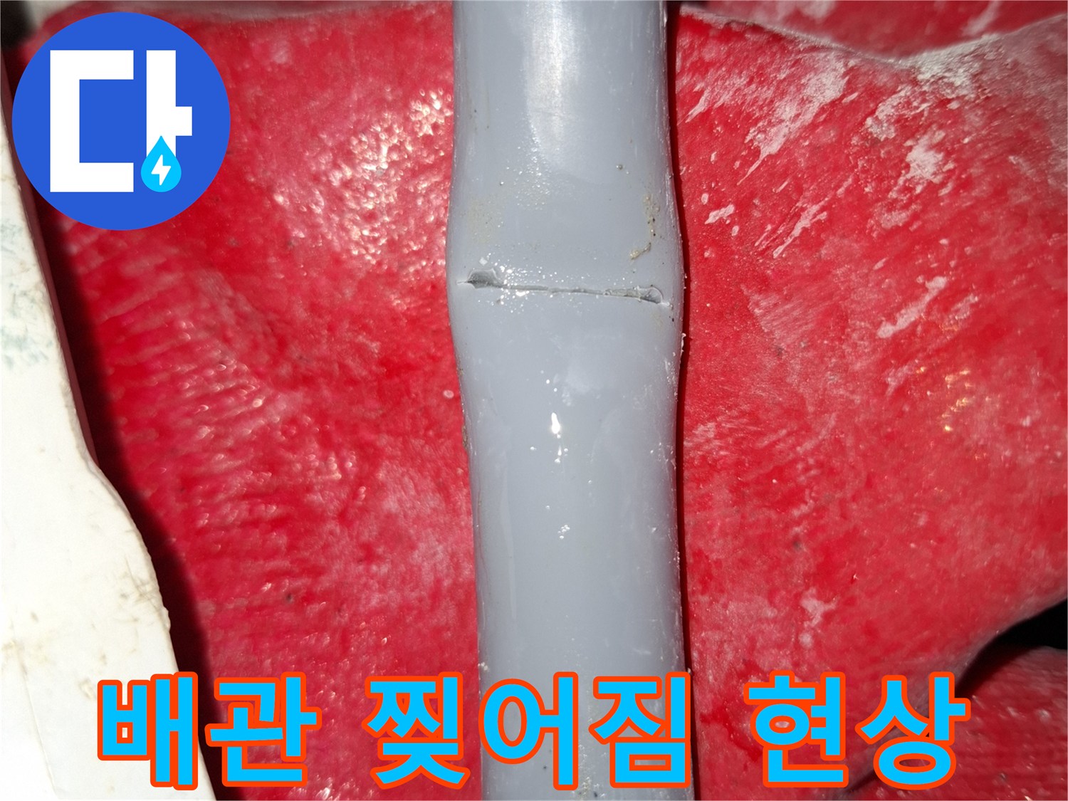 갈라진 틈 사이로 보이는 배관 파손 부위