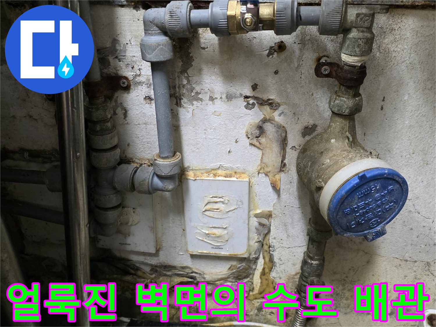 습기와 곰팡이 흔적이 있는 벽면에 설치된 식당용 급수 배관 시설