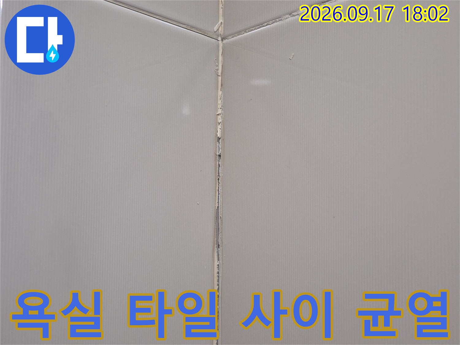 하얀색 욕실 벽면 타일의 줄눈이 갈라진 상태를 보여주는 사진입니다.